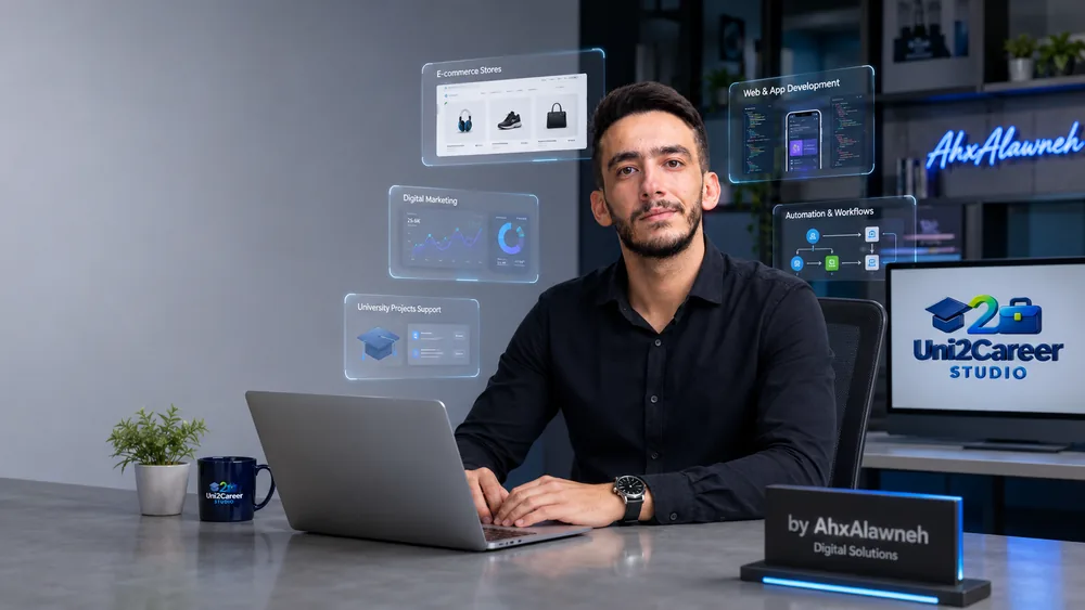 مؤسس Uni2Career STUDIO خلف مكتب مع لابتوب وواجهات تقنية